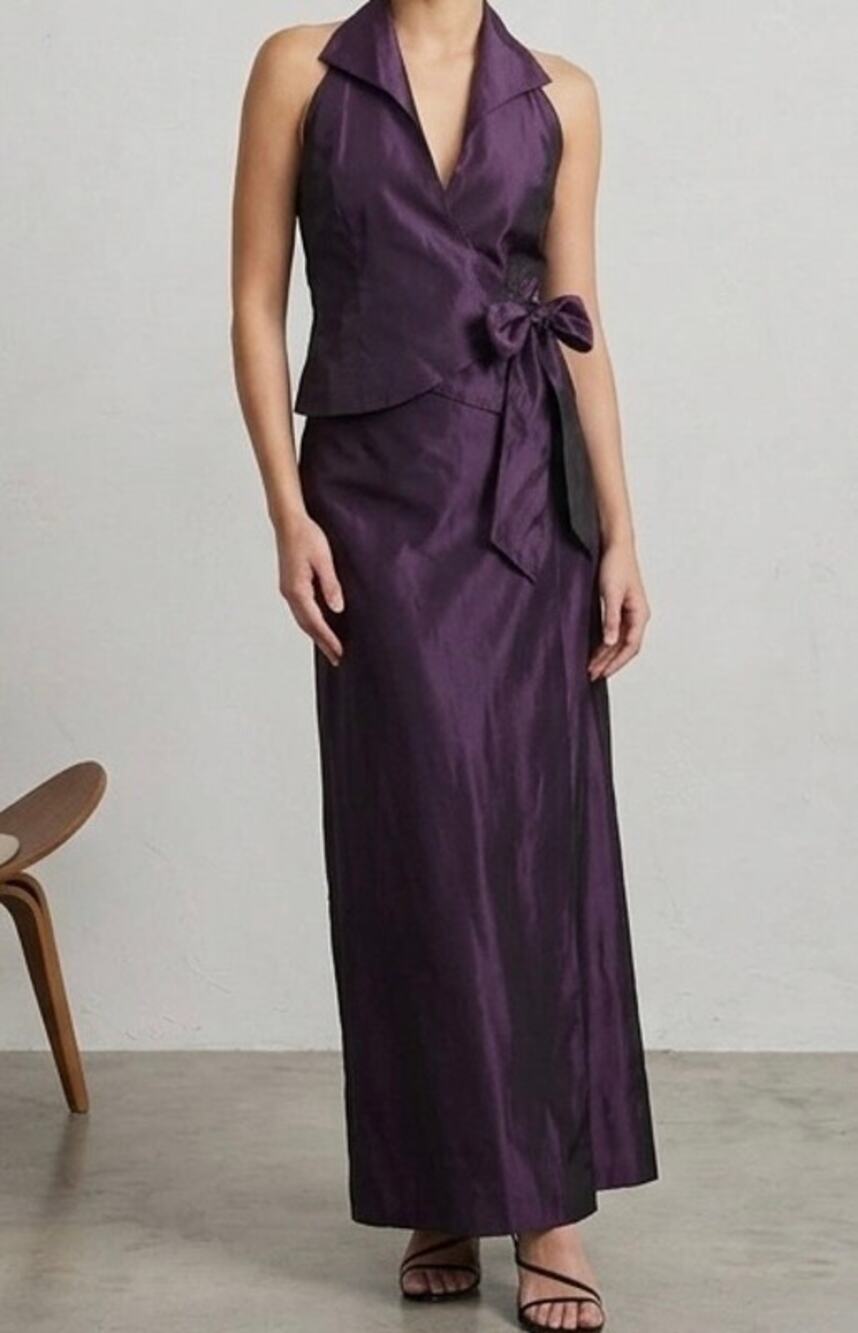 Vintage Bill Levkoff 90s Purple Iridescent Taffeta Set Skirt Halter Top 6